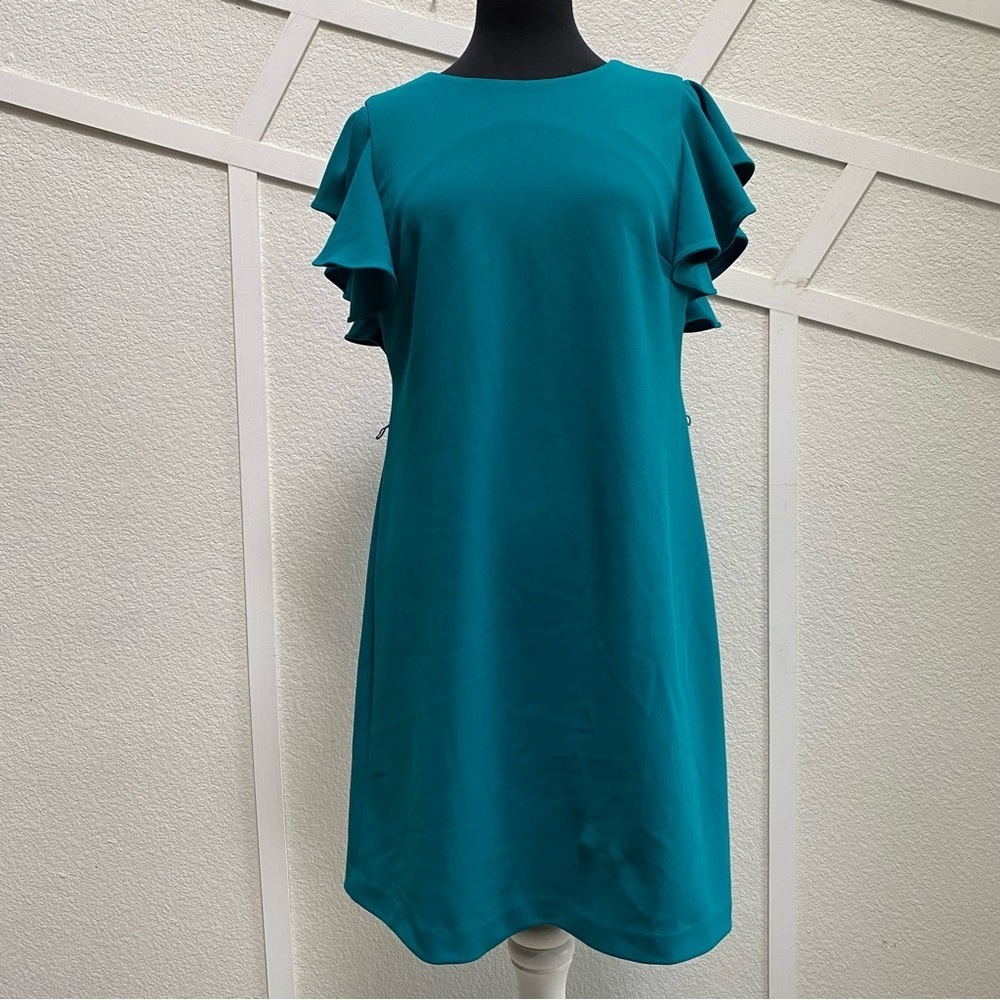 Calvin Klein Ruffeled Sleeve Dress Women’s size 10 Teel Green Short Back Zipper